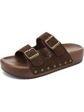 Women's Slides Platform B Brown Genuine Leather Arch Support Buckle Sandals